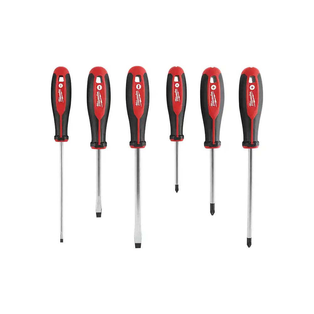 KIT DE 6 DESTORNILLADORES CON ASA COMODA CON TRES LOBULOS: PHILLIPS #2 X 3" PHILLIPS #2 X 4" PHILLIPS #2 X 6" RANURADO DE 1/4" X 4" RANURADO DE 3/16" x 6" RANURADOR 5/16" X 6" MILWAUKEE