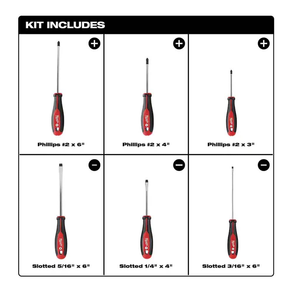 KIT DE 6 DESTORNILLADORES CON ASA COMODA CON TRES LOBULOS: PHILLIPS #2 X 3" PHILLIPS #2 X 4" PHILLIPS #2 X 6" RANURADO DE 1/4" X 4" RANURADO DE 3/16" x 6" RANURADOR 5/16" X 6" MILWAUKEE