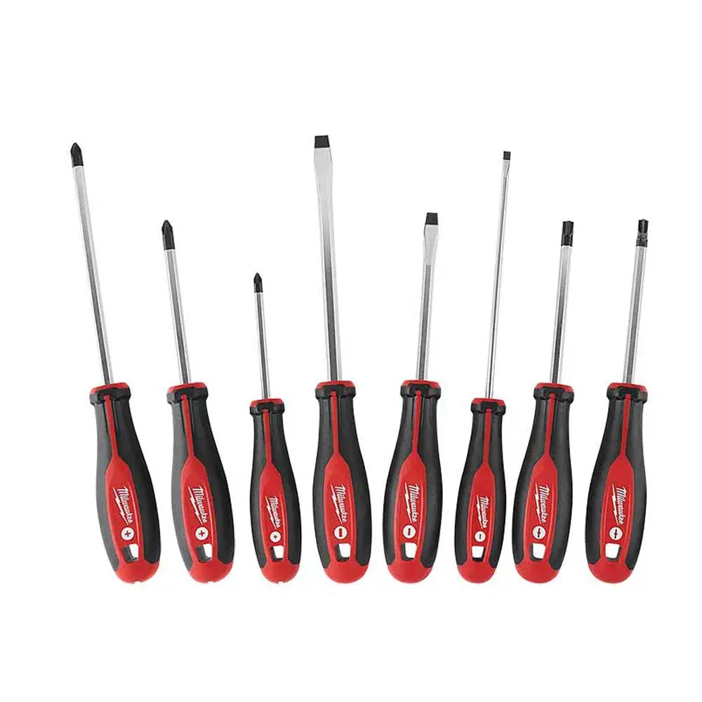 KIT DE 8 DESTORNILLADORES CON TRES LOBULOS: ECX^ # 1 ECX^ #2 PHILLIPS #1 x 3" PHILLIPS #2 x 4" PHILLIPS #2 x 6" RANURADO 1/4" x 4" RANURADO DE 3/16" x 6" RANURADO DE 5/16" x 6"MILWAUKEE