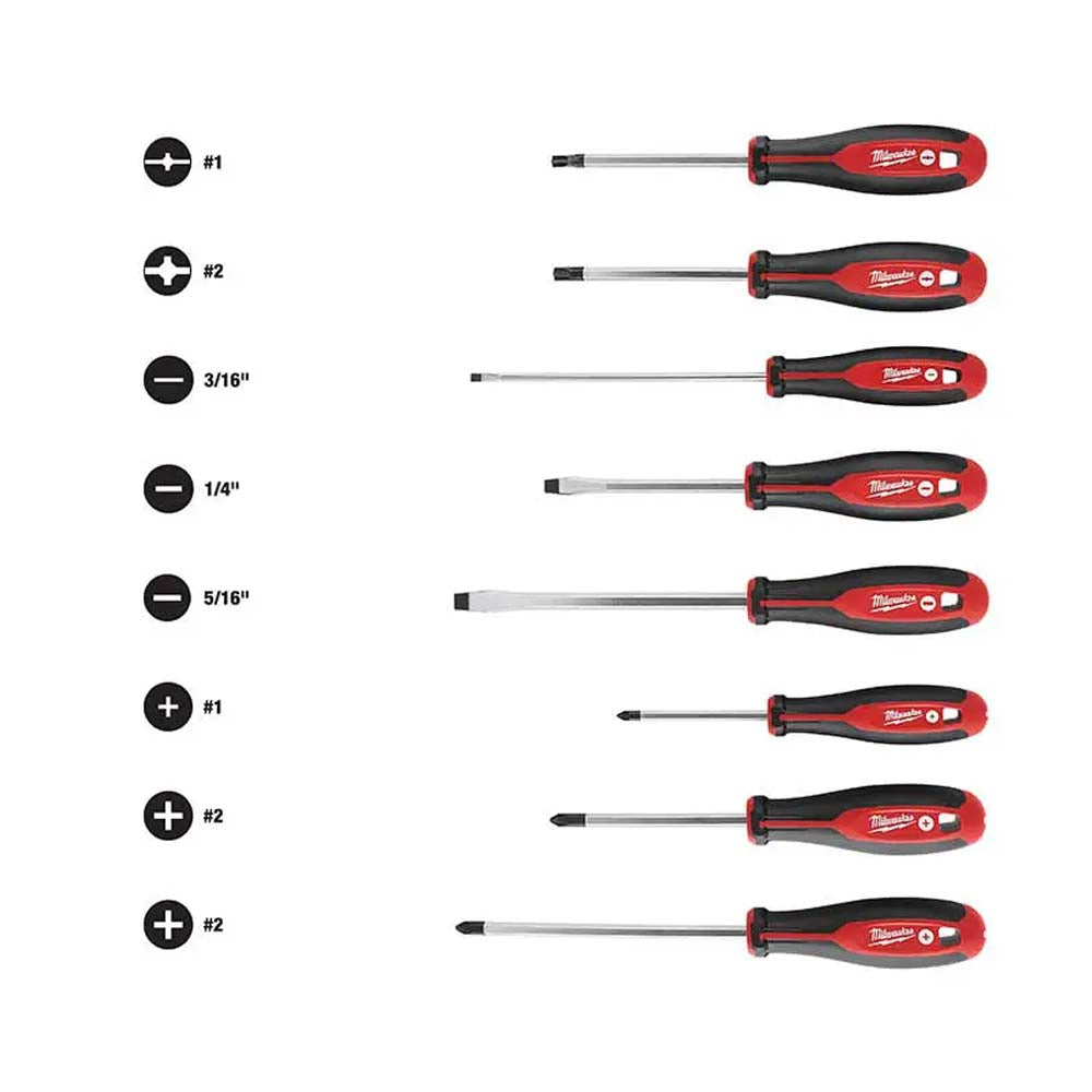 KIT DE 8 DESTORNILLADORES CON TRES LOBULOS: ECX^ # 1 ECX^ #2 PHILLIPS #1 x 3" PHILLIPS #2 x 4" PHILLIPS #2 x 6" RANURADO 1/4" x 4" RANURADO DE 3/16" x 6" RANURADO DE 5/16" x 6"MILWAUKEE
