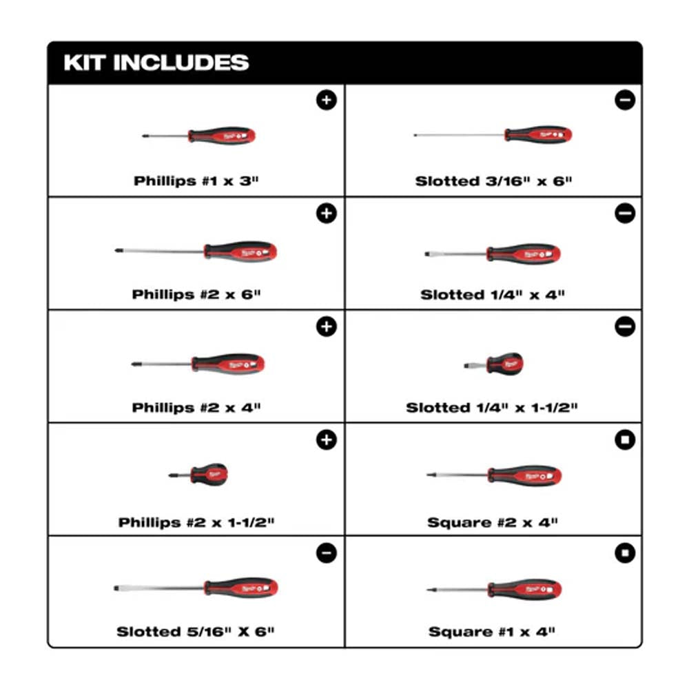 JUEGO DE 10 DESARMADORES CON MANGO DE 3 MODULOS 48222710 MILWAUKEE