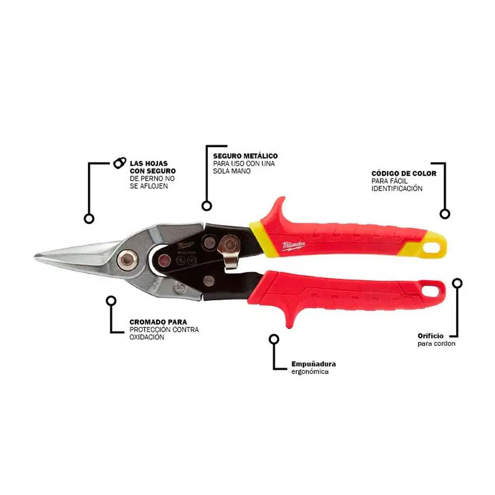 TIJERAS DE CORTE TIPO AVIADOR CORTE RECTO ACERO MILWAUKEE