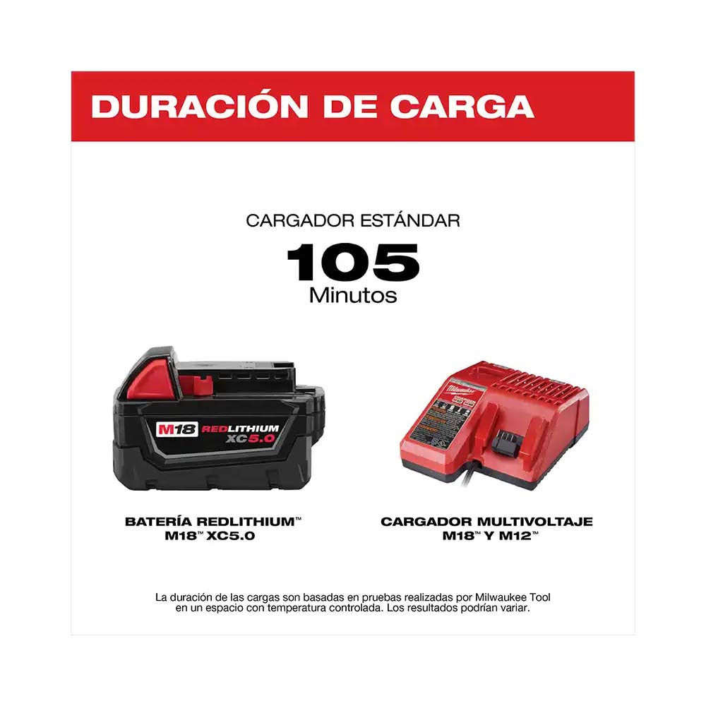 KIT BASICO CARGADOR DE BATERIA M18 REDLITHIUM XC5.0 DE IONES DE LITIO MULTIPLE M12 Y M18 INCLUYE 1 BATERIA 18 VOLTS REDLITHIUM ION CAPACIDAD EXTENDIDA 5AMP M18 MILWAUKEE