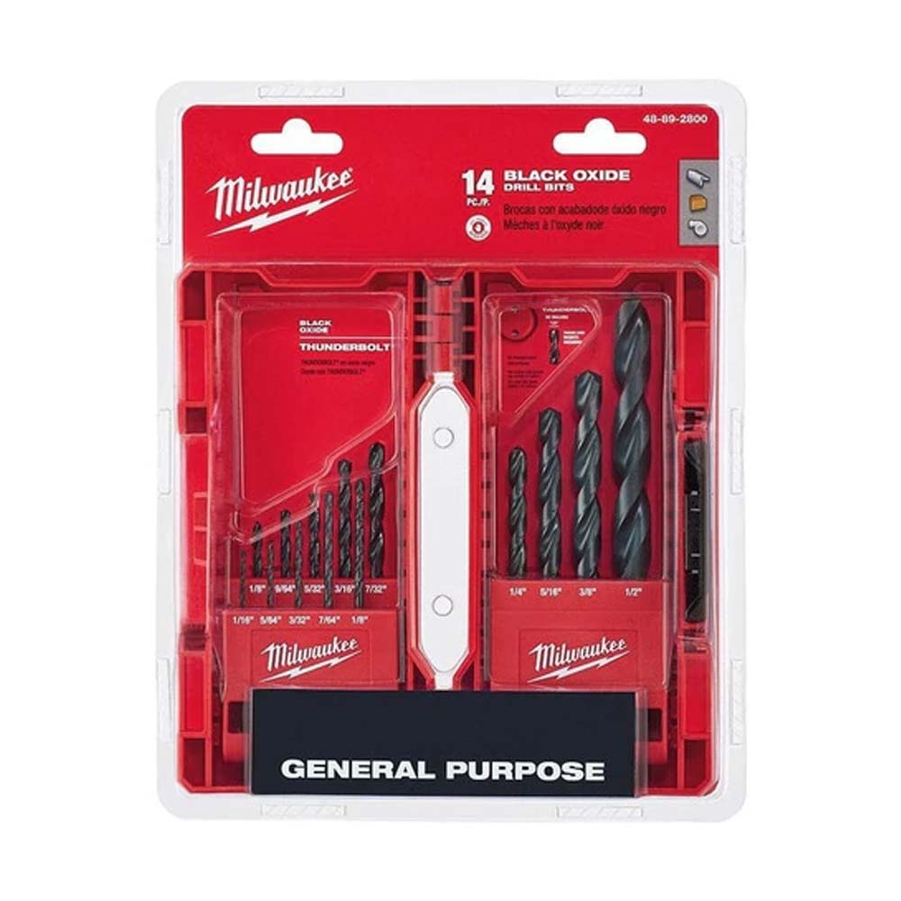JUEGO DE BROCAS PARA METAL MADERA Y PVC THUNDERBOLT ACABADO OXIDO NEGRO **14 PIEZAS** MILWAUKEE