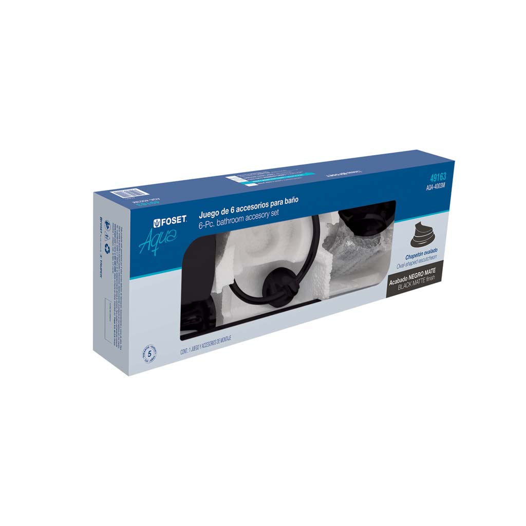 JUEGO DE 6 ACCESORIOS PARA BAÑO NEGRO MATE CHAPETÓN OVALADO FOSET AQUA