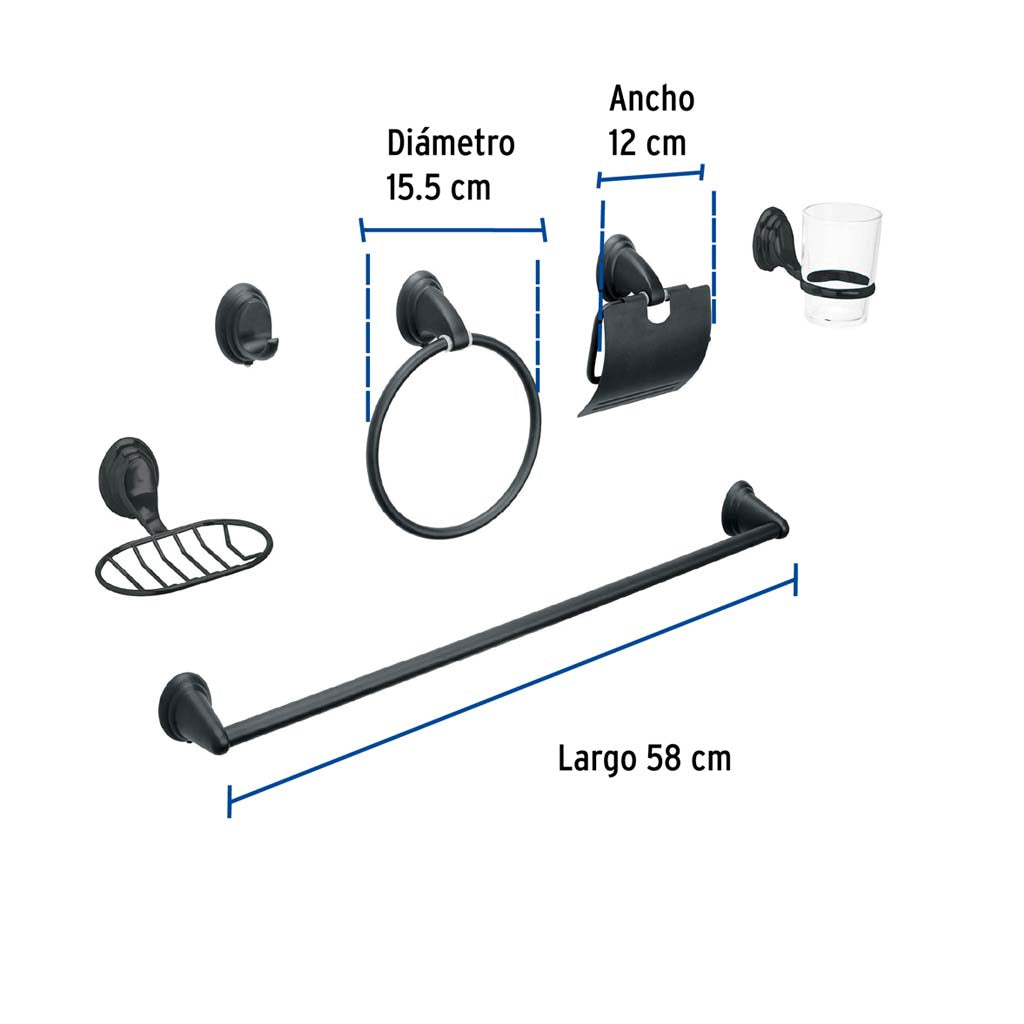 JUEGO DE 6 ACCESORIOS PARA BAÑO NEGRO MATE CHAPETÓN OVALADO FOSET AQUA