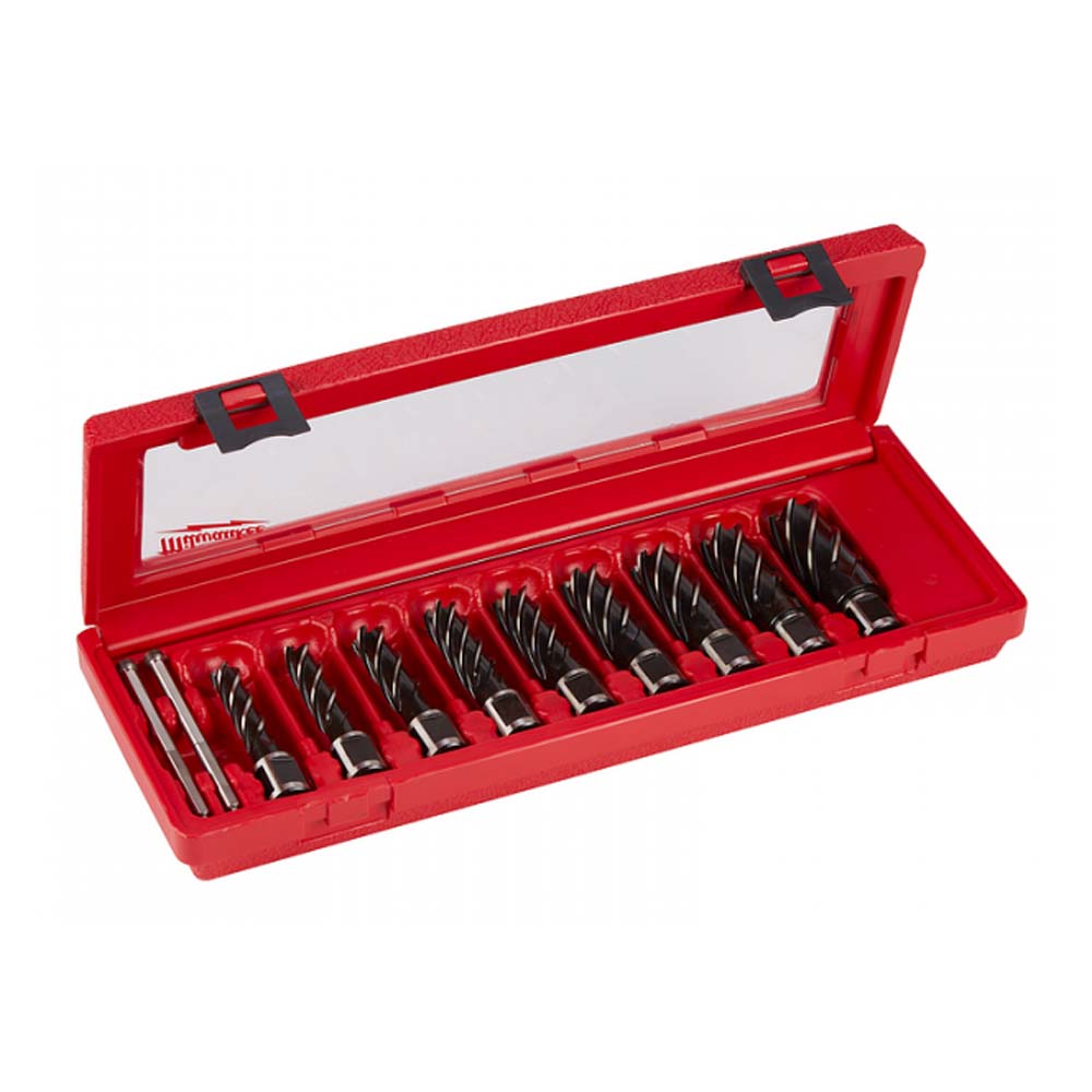 JUEGO DE 9 CORTADORES ANULARES: CORTADORES 1/2" 9/16" 5/8" 11/16" 3/4" 13/16" 7/8" 15/16" 1/2" 1-1/16" 1-1/16" 2 PASADORES EYECTOR 2 PASADORES PILOTOS RECTACTILES MILWAUKEE *** HAE ***