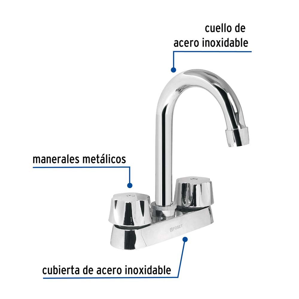 MEZCLADORA PARA LAVABO, MANERALES HEXAGONAL,CUELLO BAR,BASIC FOSET