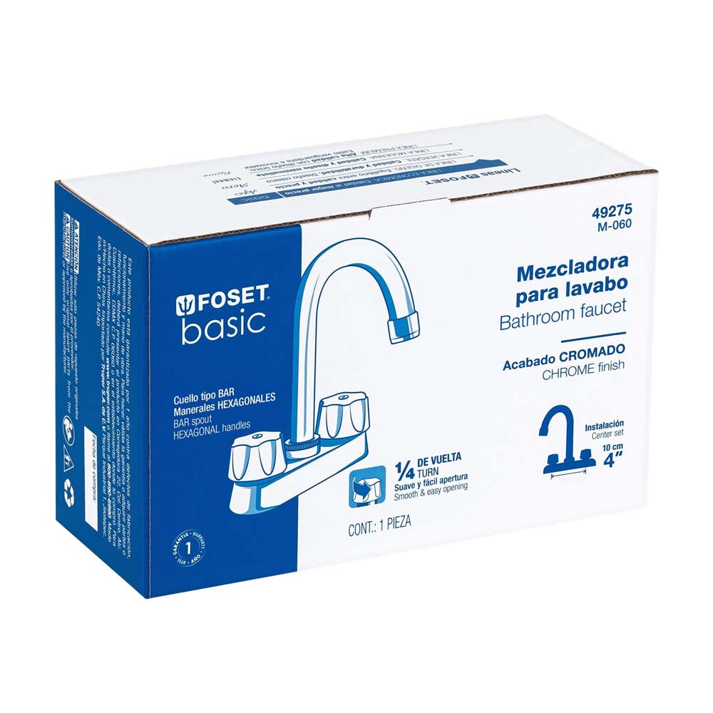 MEZCLADORA PARA LAVABO, MANERALES HEXAGONAL,CUELLO BAR,BASIC FOSET