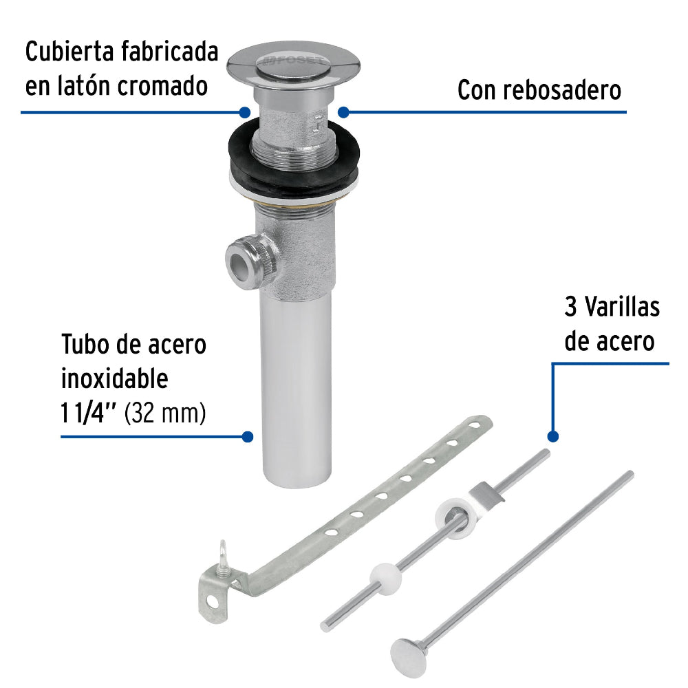CONTRA P/LAVABO C/REBOSADERO Y SIST AUTOMATICO CROMO 1-1/4 MCA TRUPER FOSET