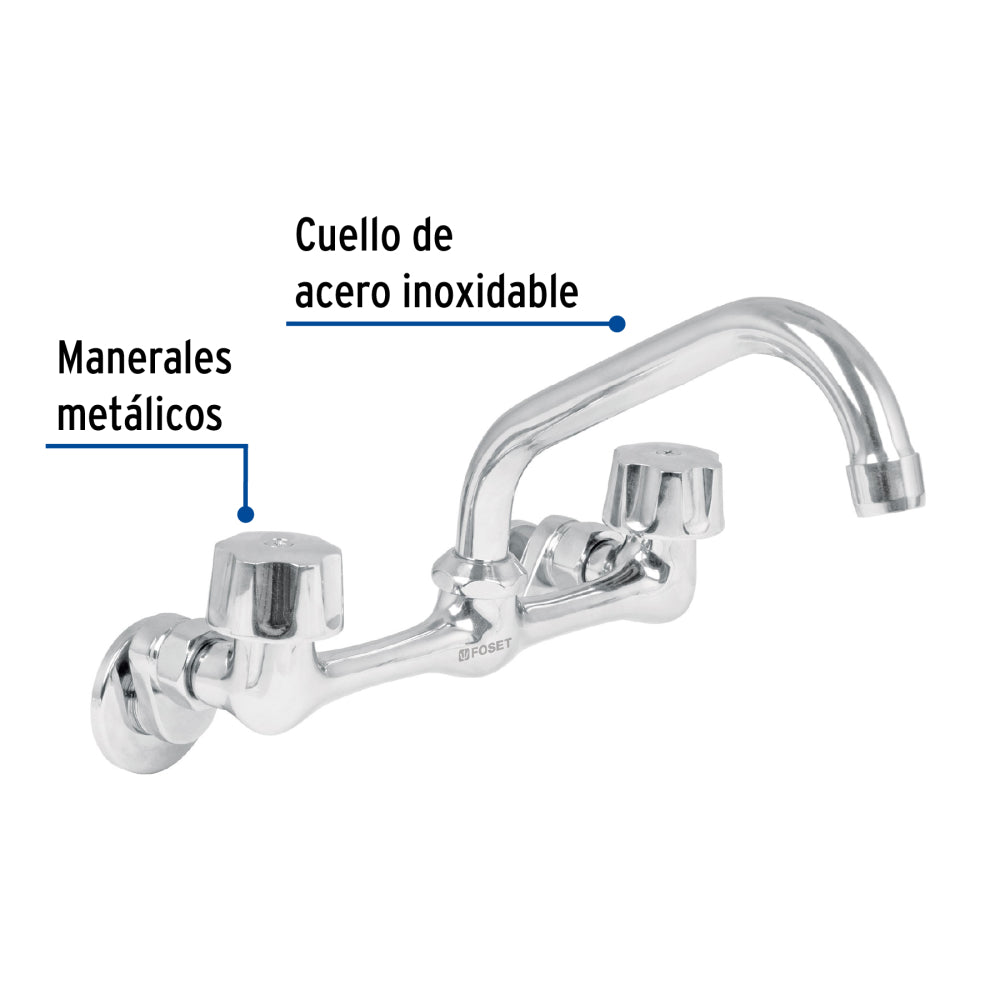 MEZCLADORA INOX 8" PARA FREGADERO CONEXIONES DE PARED FOSET AQUA