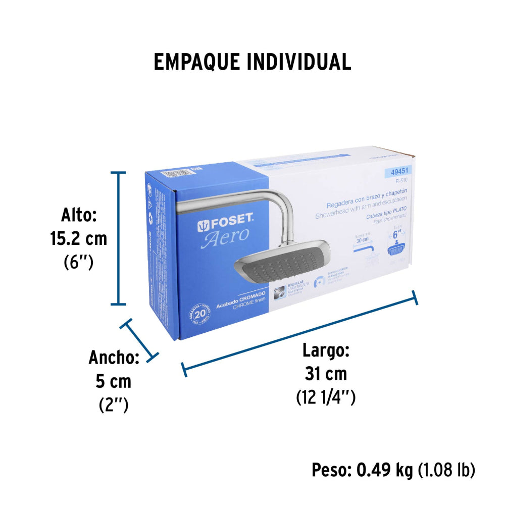 REGADERA CUADRADA PLATO ANCHO 6" BRAZO INOX A MURO FOSET AERO