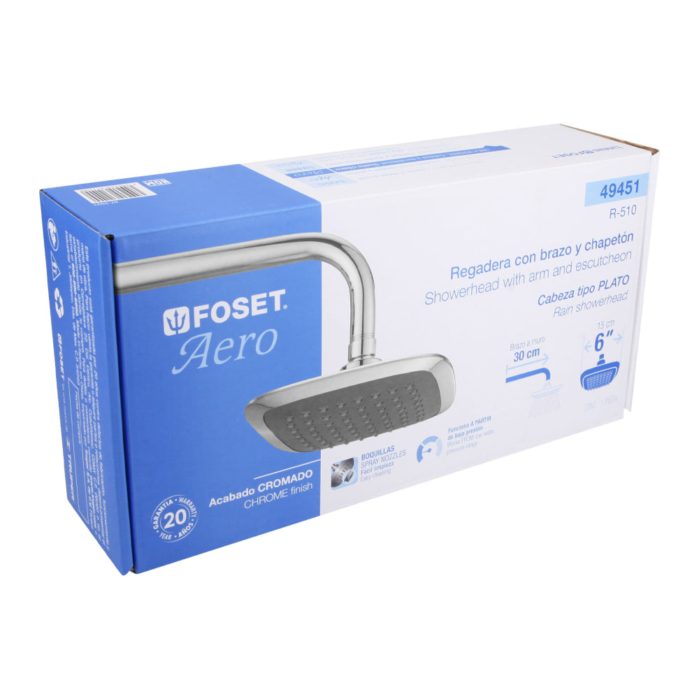 REGADERA CUADRADA PLATO ANCHO 6" BRAZO INOX A MURO FOSET AERO