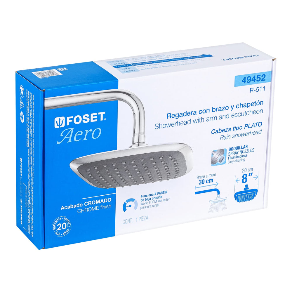 REGADERA CUADRADA PLATO ANCHO 8" BRAZO INOX A MURO FOSET AERO