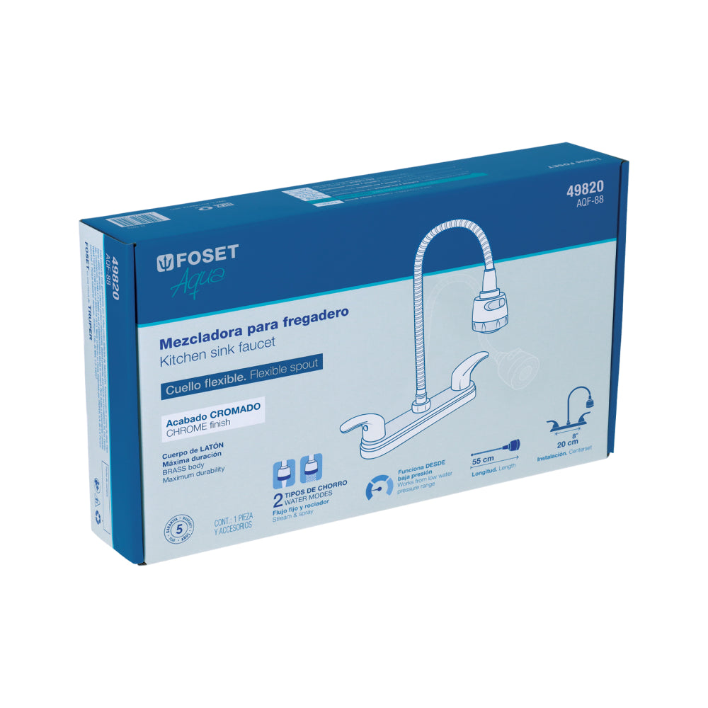 MEZCLADORA INOXIDABLE 8" PARA FREGADERO FLEXIBLE LLAVE TIPO PALANCA FOSET AQUA