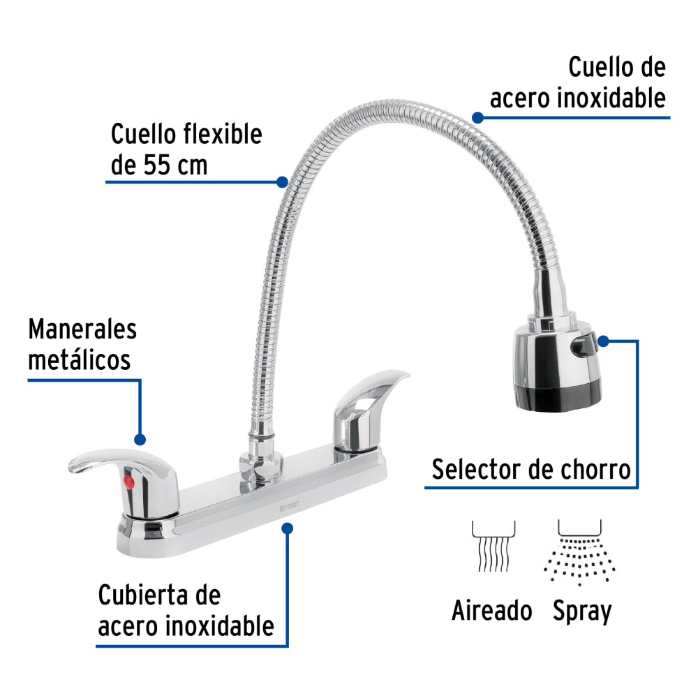 MEZCLADORA INOXIDABLE 8" PARA FREGADERO FLEXIBLE LLAVE TIPO PALANCA FOSET AQUA