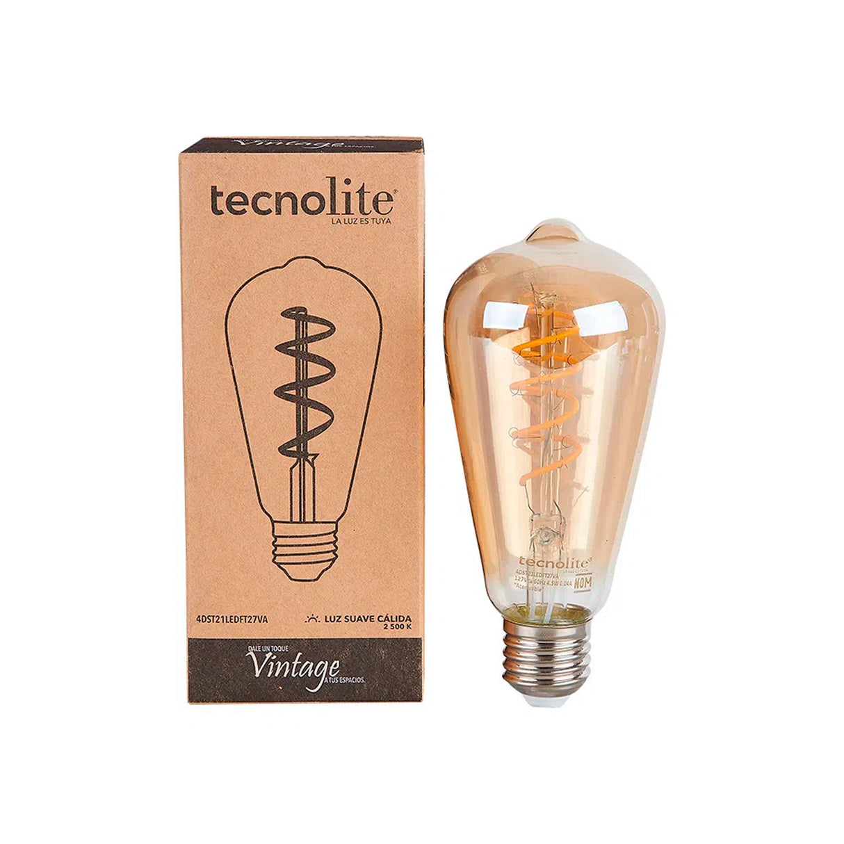 FOCO LED TECNOLITE VINTAGE FILAMENTO ATENUABLE 4.5W LUZ SUAVE CÁLIDA BASE E27 4DST21LEDFT27VA