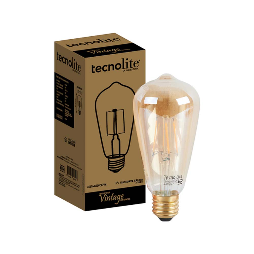 FOCO LED TECNOLITE VINTAGE FILAMENTO ATENUABLE 4.5W LUZ SUAVE CÁLIDA BASE E27 4DST64LEDFC27VH