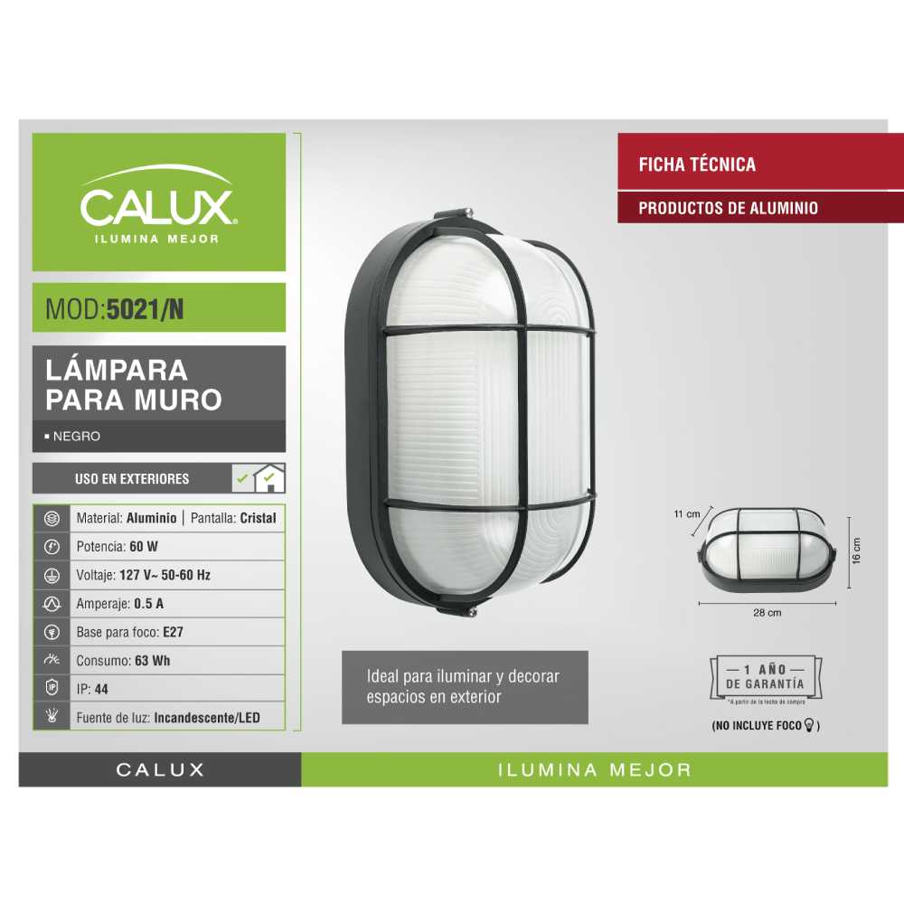 LUMINARIA PARA MURO CALUX 60W 127V IP44 E27 ACABADO NEGRO
