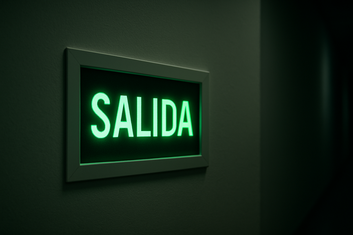 Es un letrero de emergencia LED que dice SALIDA, quiero que se vea empotrado en una pared, en una escena que esta un poco oscura, para que se vea la luz LED de color verde del letrero