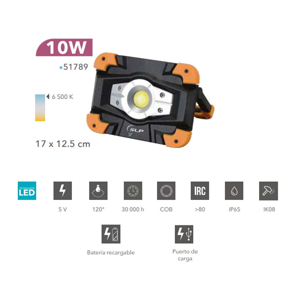 SLP REFLECTOR DE EMERGENCIA DE LED COB 10W RECARGABLE 5V IP54 IK08 6500K CUERPO COLOR NARANJA DE ALUMINIO Y POLICARBONATO HIGH-3HR LOW-6HR MCA PHILCO *** HASTA AGOTAR 2022 ***