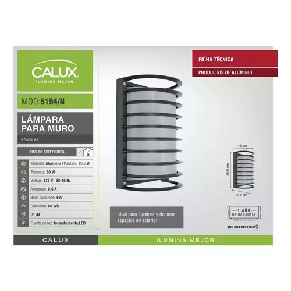 LUMINARIA PARA MURO CALUX 100W 125V IP54 E27 ACABADO NEGRO