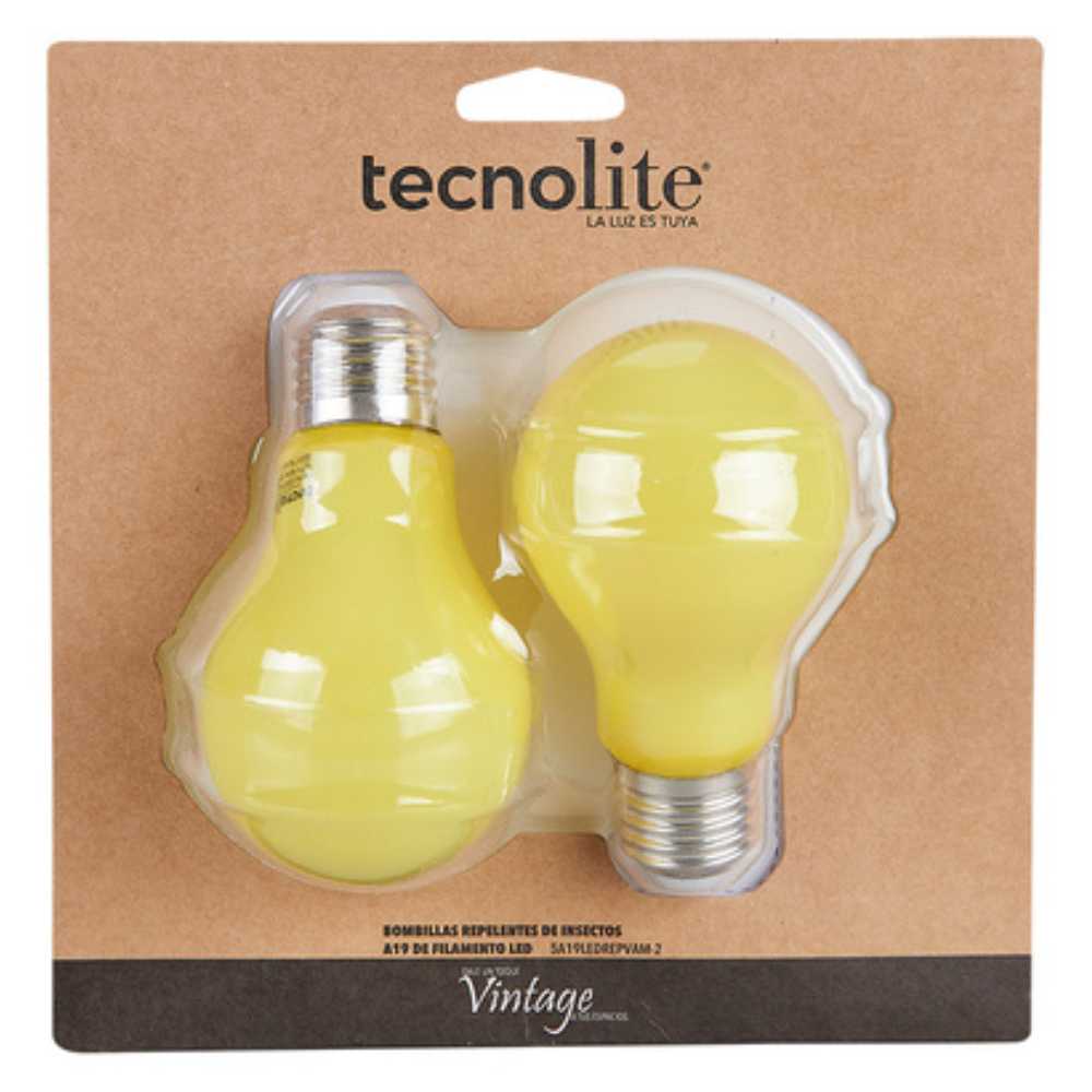 PAQUETE DE DOS FOCOS LED TECNOLITE REPELENTE DE INSECTOS 5W LUZ SUAVE CÁLIDA BASE E27