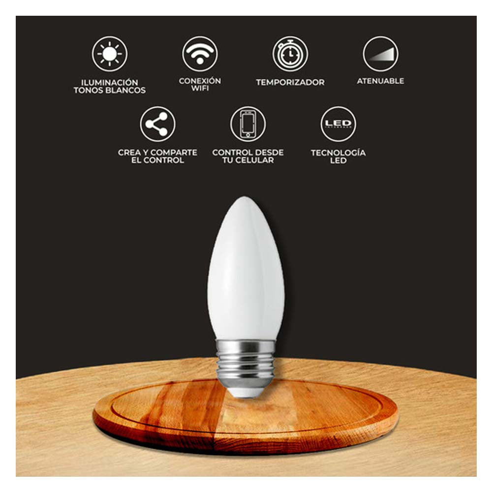 FOCO LED TIPO VELA INTELIGENTE CON FILAMENTO DE 5.5 W CON WIFI COLOR OPACO LUSTER SMART T 5EIC27LEDFFV200TCW TECNOLITE.
