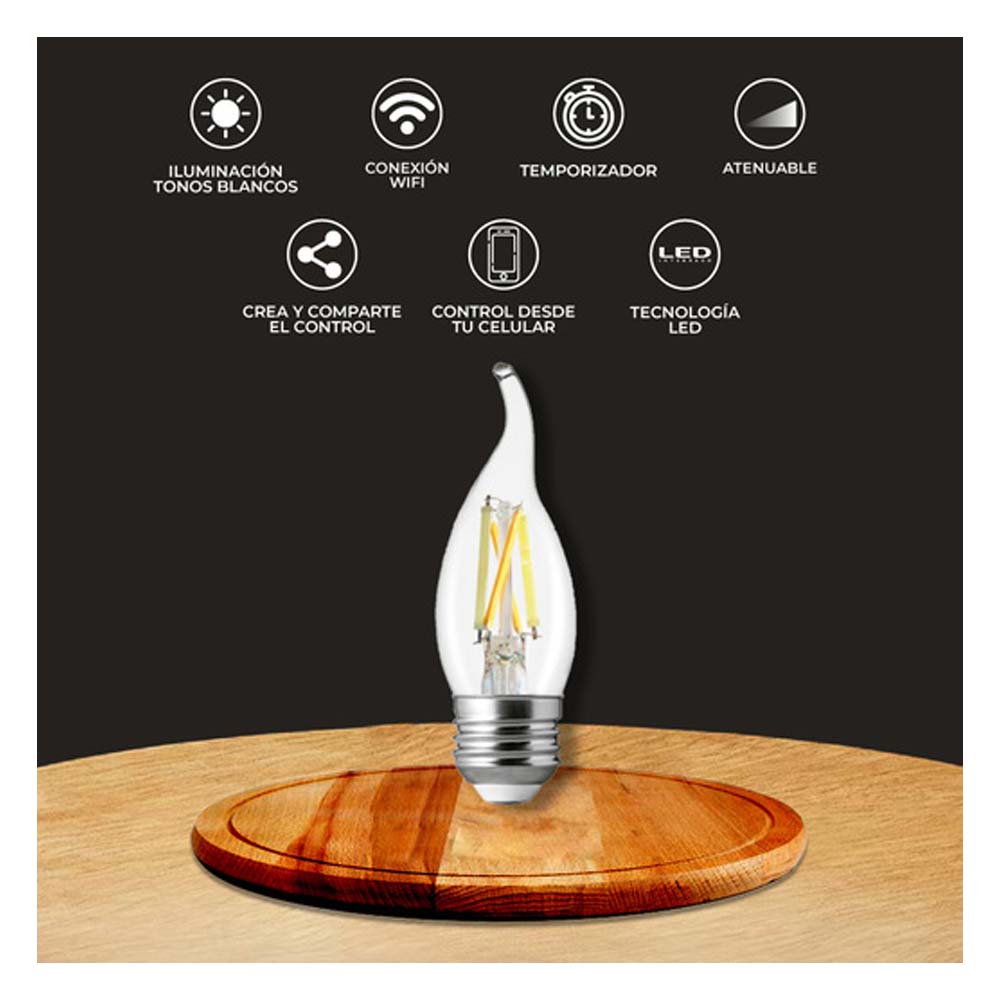 FOCO LED TIPO VELA INTELIGENTE DE 5.5 W CON WIFI COLOR TRANSPARENTE BRIGHT SMART T 5FFE27LEDFV200TCW TECNOLITE