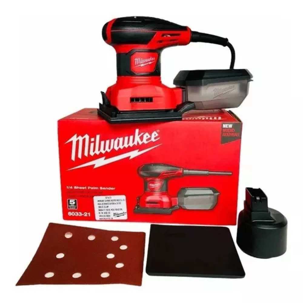 LIJADORA DE PALMA DE LAMINAS 1/4" 14000OPM INCLUYE 1 HOJA ALMOHADILLA PERFORADA CARTUCHO PARA POLVO 1 LIJA GRANO 150 1 LIJA GRANO 100 MILWAUKEE *** OFRECER LO914 ***