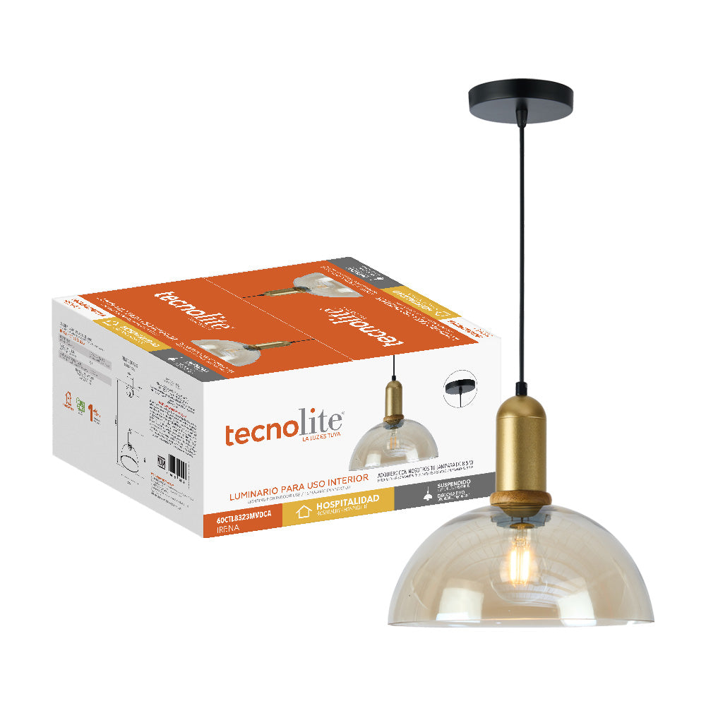 LUMINARIO INT SUSP S/L IRENA I 100-240V E27 DORADO AMBAR