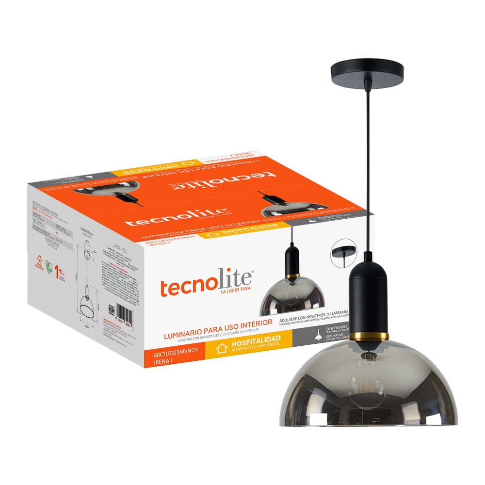 LAMPARA COLGANTE DE 60 W DE CRISTAL COLOR NEGRO Y HUMO IRENA I 60CTL8323MVNCH TECNOLITE