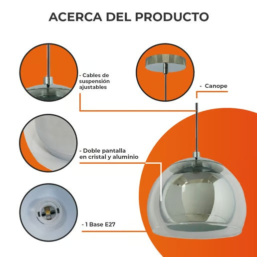 LAMPARA COLGANTE DE CRISTAL 1.50 M DE ALTURA POTENCIA MAX. 60 W BASE E27 NO INCLUYE FOCO