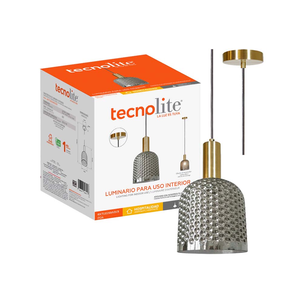 LAMPARA COLGANTE DE 60 W DE CRISTAL CON ACABADO HUMO ITOA 60CTL8326MVDCR TECNOLITE