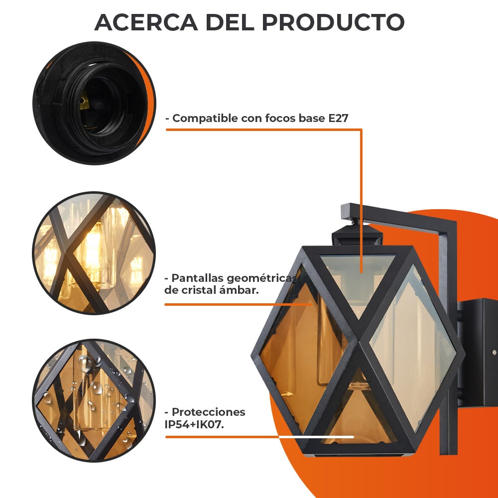 LUMINARIO DE PARED ARBOTANTE EXT CRISTAL S/LAMPARA NEGRO/AMBAR