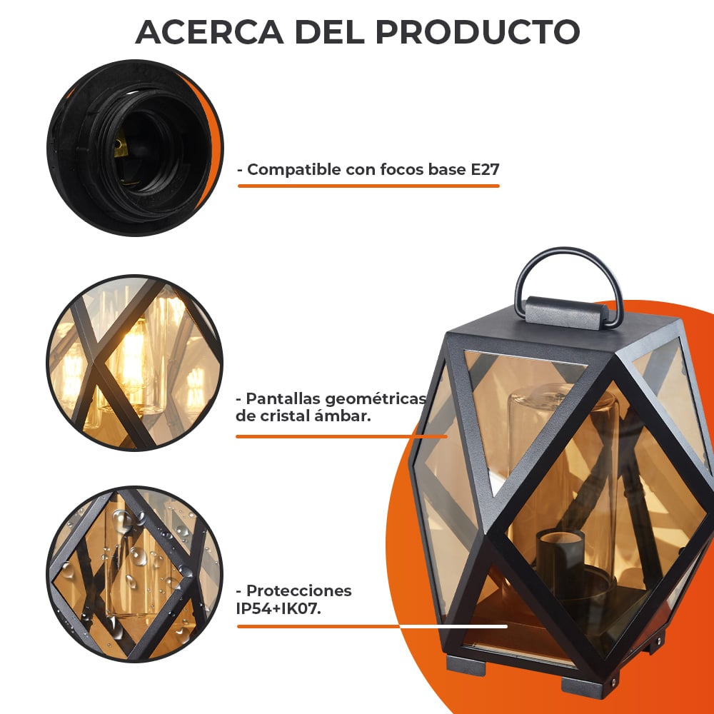 LUMINARIO PISO/PILAR EXT CRISTAL S/LAMPARA NEGRO/AMBAR