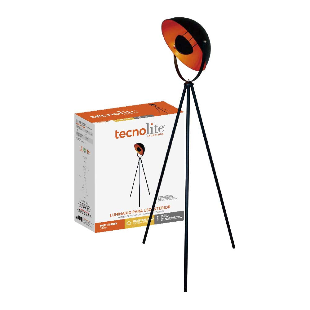 LUMINARIA DE PIE TRIPOIDE DE ACERO DE 60W COLOR NEGRO CON DORADO CHECHIA 60LPT1184MVN TECNOLITE