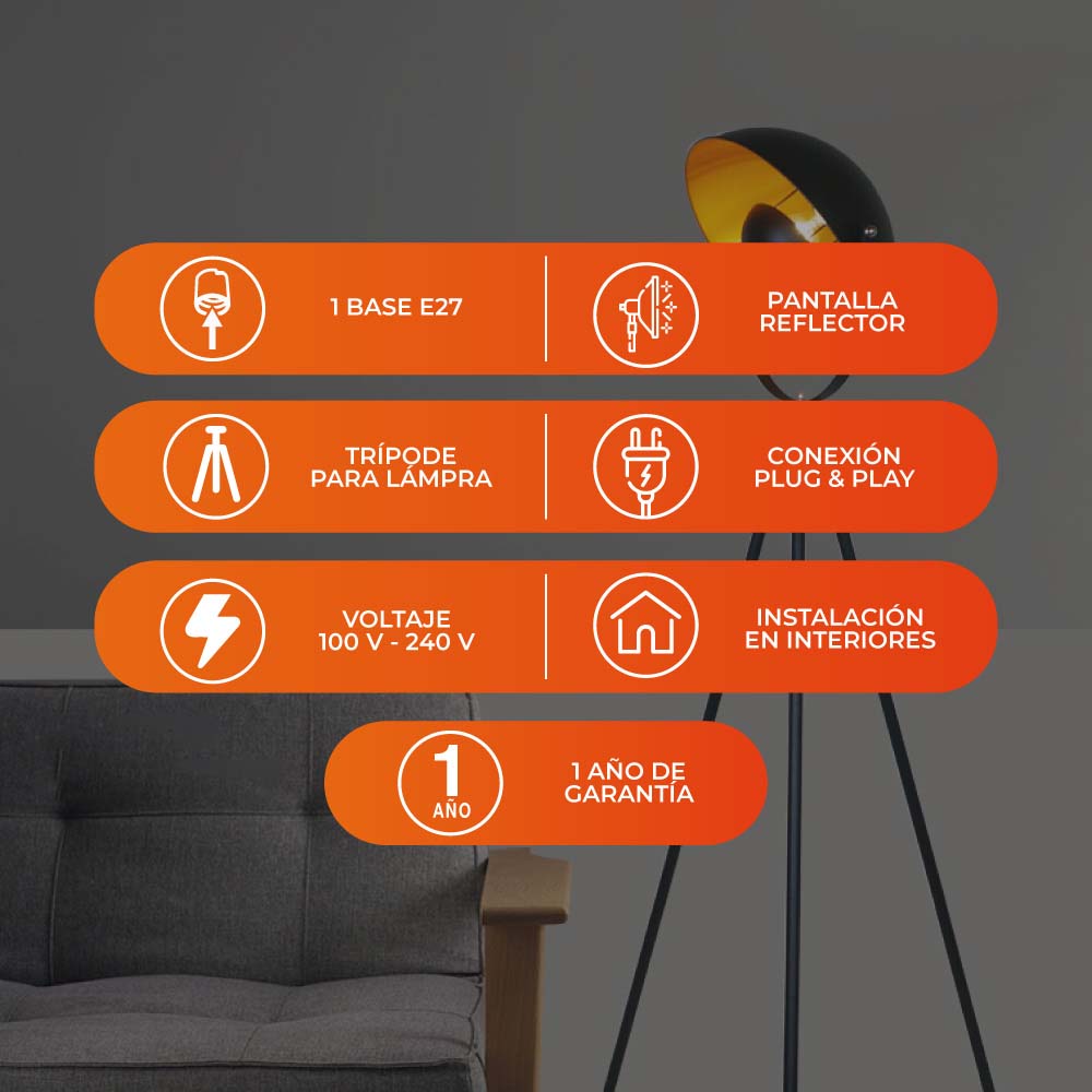 LUMINARIA DE PIE TRIPOIDE DE ACERO DE 60W COLOR NEGRO CON DORADO CHECHIA 60LPT1184MVN TECNOLITE