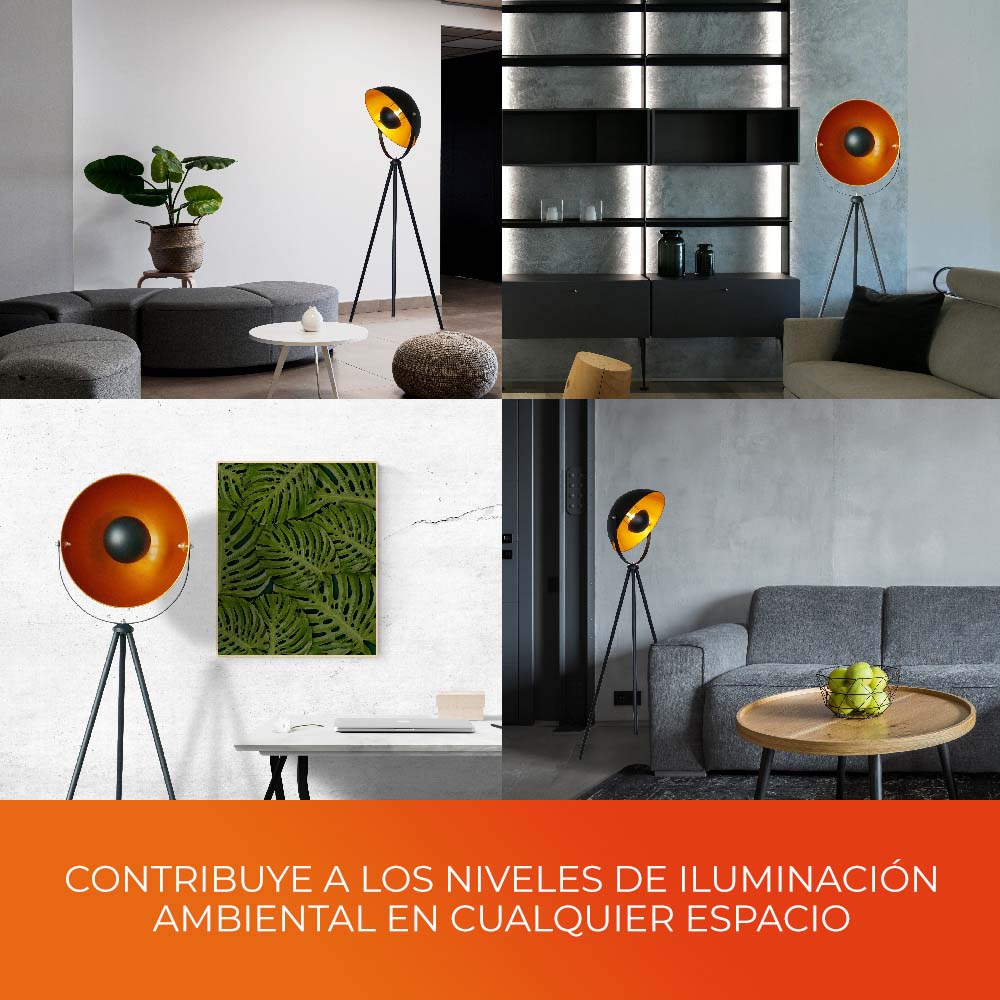 LUMINARIA DE PIE TRIPOIDE DE ACERO DE 60W COLOR NEGRO CON DORADO CHECHIA 60LPT1184MVN TECNOLITE