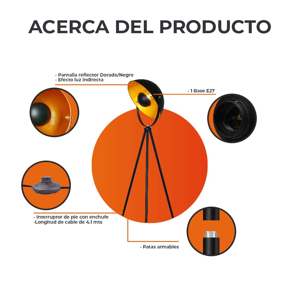LUMINARIA DE PIE TRIPOIDE DE ACERO DE 60W COLOR NEGRO CON DORADO CHECHIA 60LPT1184MVN TECNOLITE