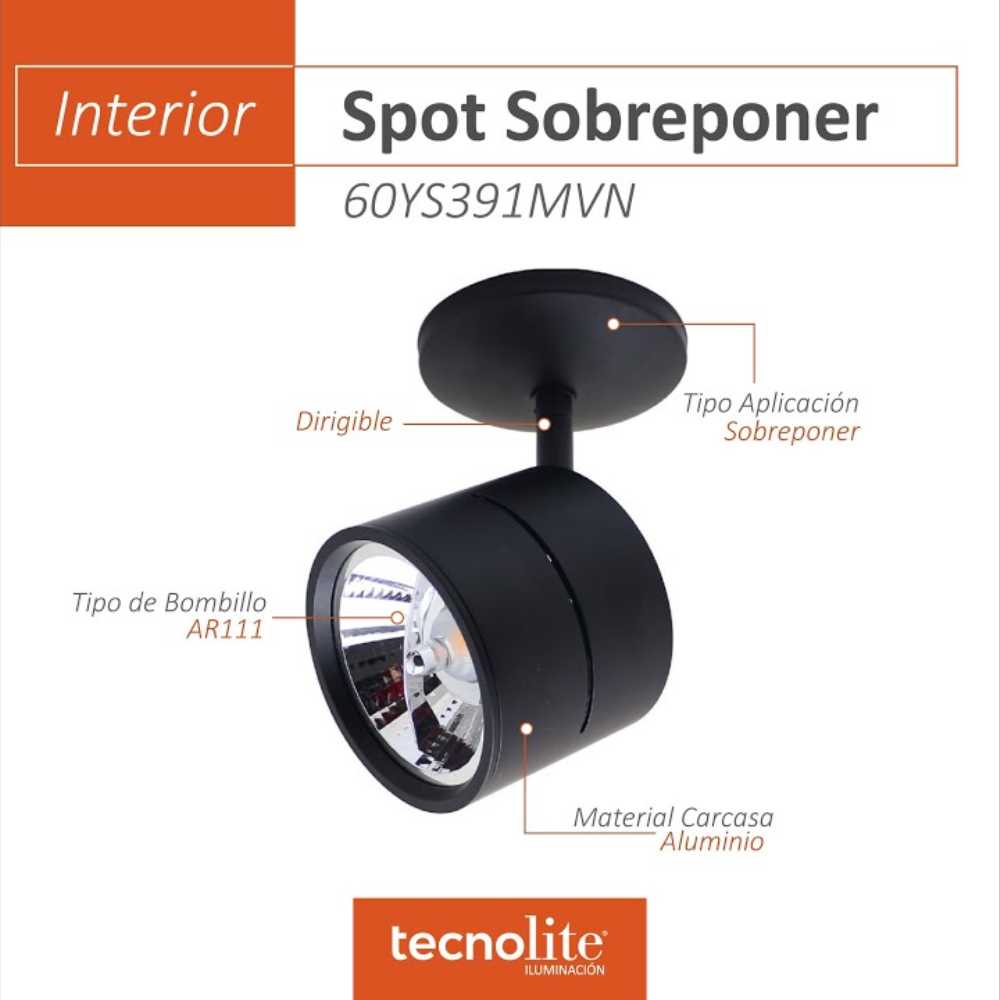 LÁMPARA DE INTERIOR TECNOLITE AVOIR I SPOT PARA SOBREPONER BASE G53 NEGRO