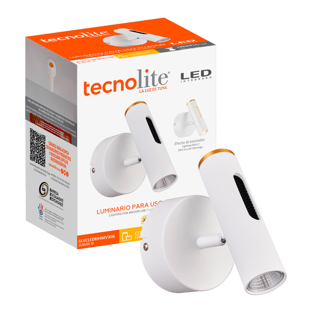 LAMPARA DE PARED ARBOTANTE LED 6W LUZ CALIDA BRILLANTE DIRECTA/INDIRECTA DIRIGIBLE IRC90 NO ATENUABLE BCO