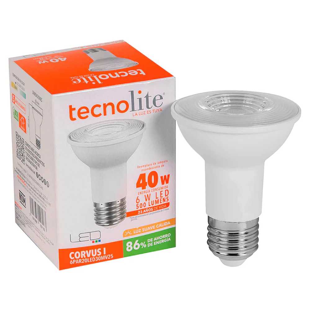 FOCO LED TECNOLITE PAR20 6W LUZ SUAVE CÁLIDA 3000K BASE E27