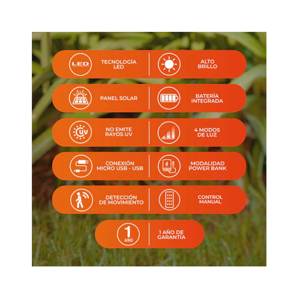 LUM EXT SOLAR LED 6W 3.7VCD 5HRS CONTROL REMOTO SALIDA USB NEREIDA ***TECNOLITE HAE***