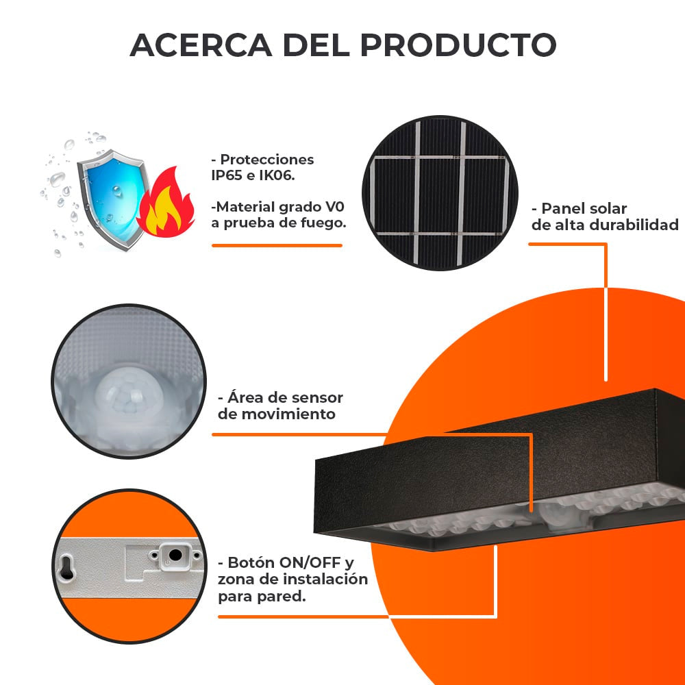 LAMPARA SOLAR ARBOTANTE LED 6 W LUZ DE DIA MODOS DE LUZ BATERIA INTEGRADA SENSOR DE MOVIMIENTO IP65 IK06 LED INTEGRADO 6SOLLED30VCD65N