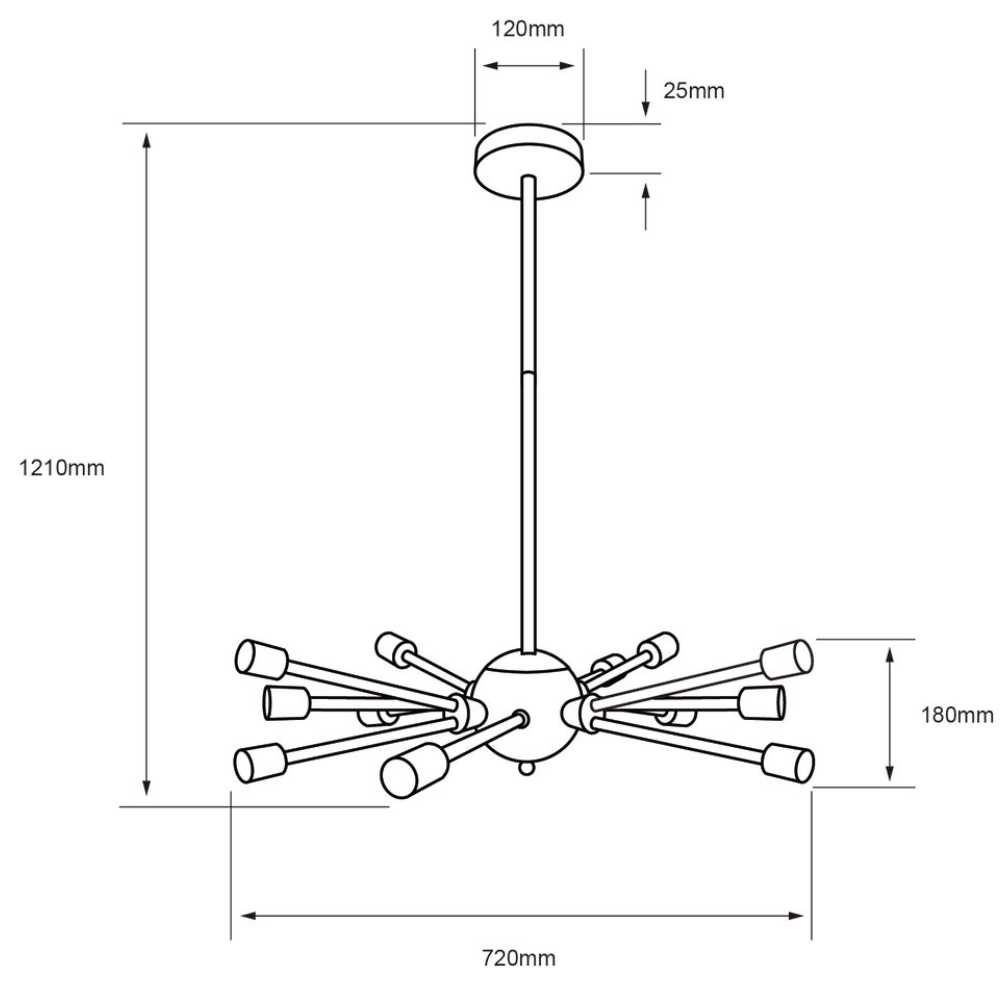 COLGANTE METÁLICO CELAENO I TECNOLITE 1.21 METROS DE ALTURA POTENCIA MÁXIMA 720W 12 BASES E27 NO INCLUYE FOCOS