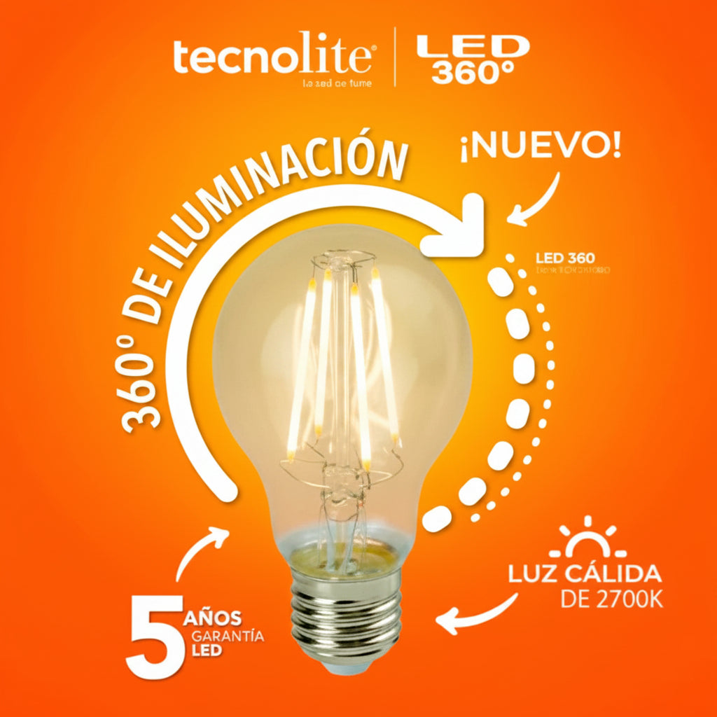 FOCO A19 360 LED FILAMENTO 7 W LUZ CALIDA SUAVE BASE E27 NO ATENUABLE