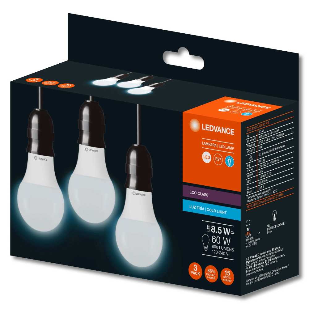 KIT LED ECO A60 8.5W 6500K (3 PZAS) 85879