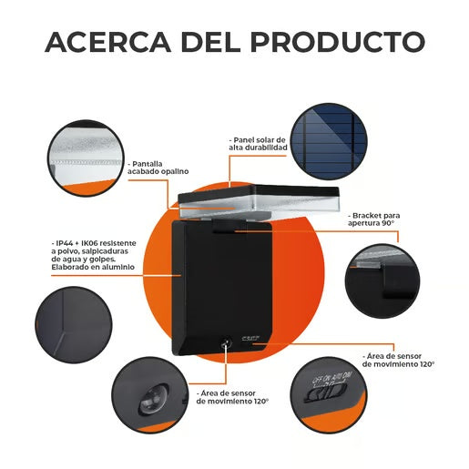 LAMPARA SOLAR ARBOTANTE LED 8 W LUZ CALIDA BRILLANTE SENSOR DE MOVIMIENTO 3 MODOS DE LUZ IP44 IK06