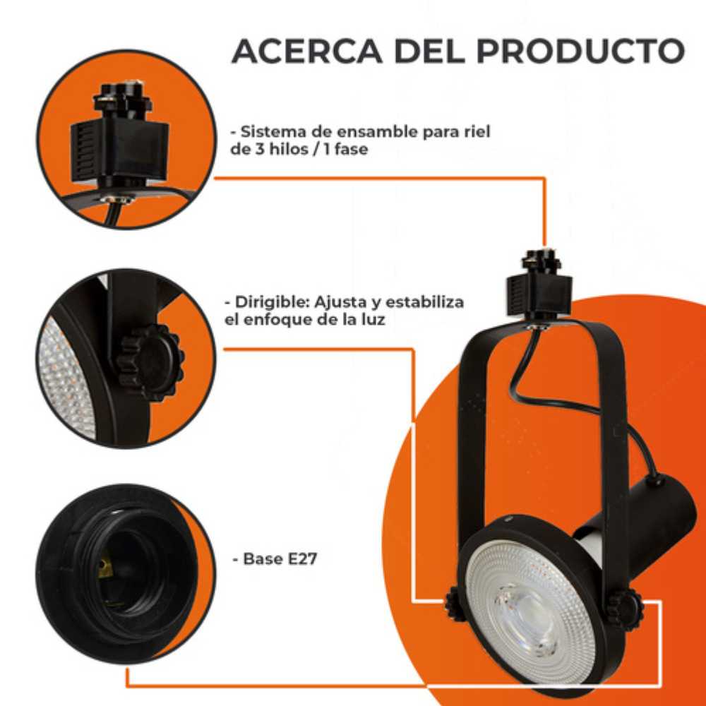LAMPARA SPOT DE RIEL DIRIGIBLE POTENCIA MAX. 90 W BASE E27 FOCO PAR38 NO INCLUIDO 90YS395MVN